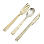 24-Pack Plastic Silverware Set with Hammered Design Gold - Heavy Duty Disposable Utensils 7"