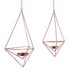 Set of 2 Hanging Tealight Candle Holders Rose Gold Metal Diamond Geometric Open Frame - Flower Terrariums 12", 15"