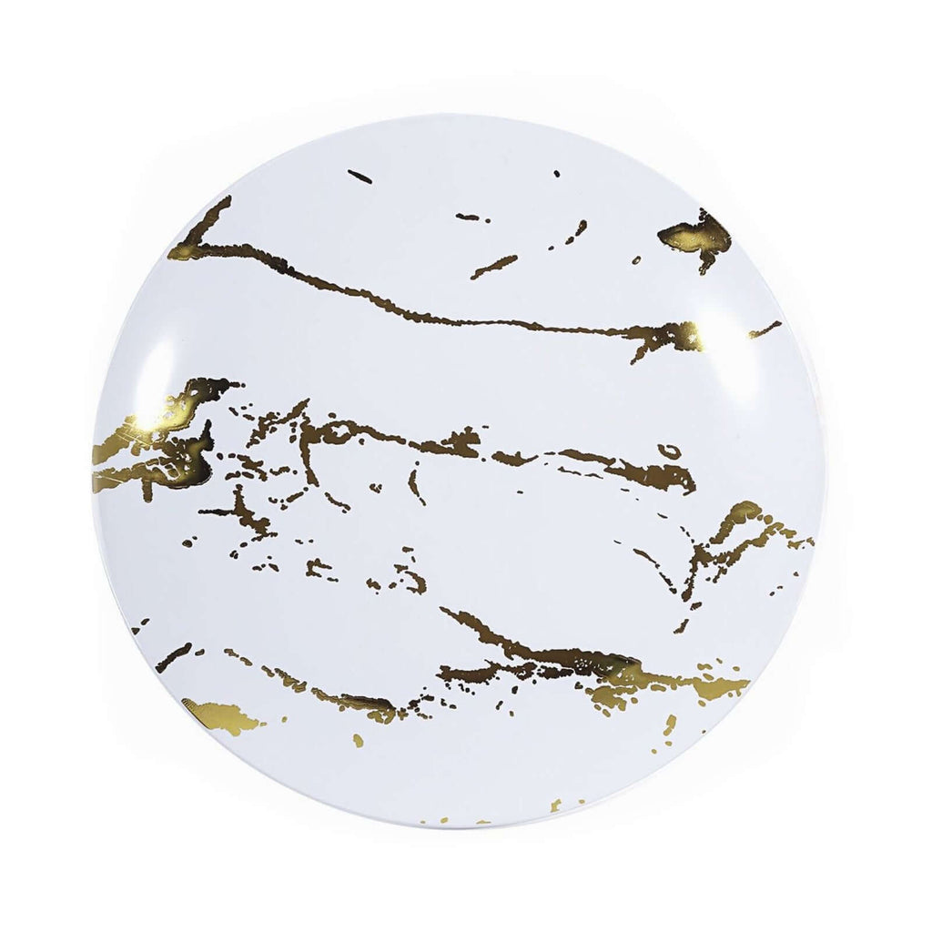 10-Pack Plastic 8" Round Dessert Plates in White with Gold Marble Print - Disposable Appetizer/Salad Plates for Chic Banquets & Special Occasions