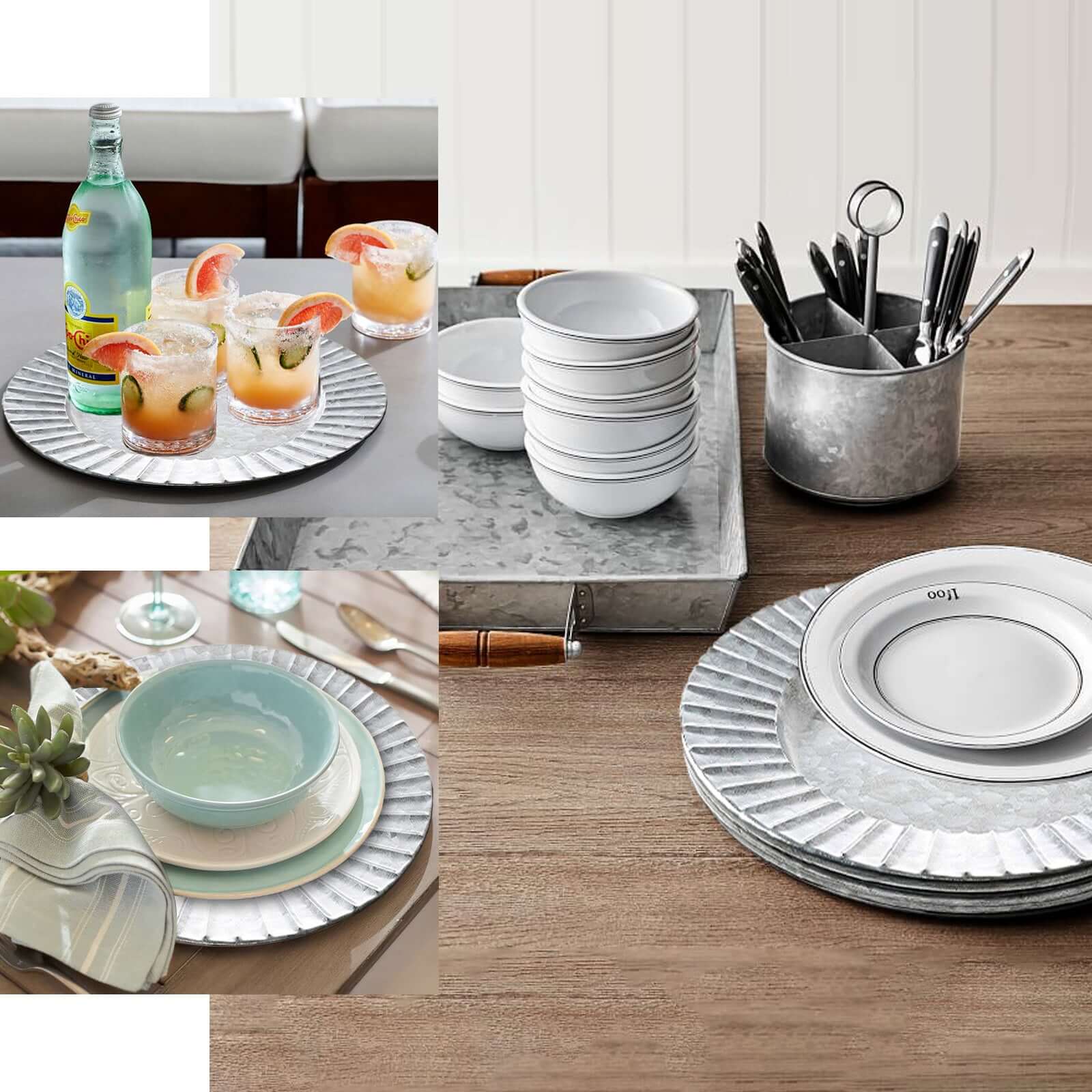 4-Pack Metal Round Charger Plates 13" in Silver with Galvanized Ruffled Rim, Contemporary Charger Tableware