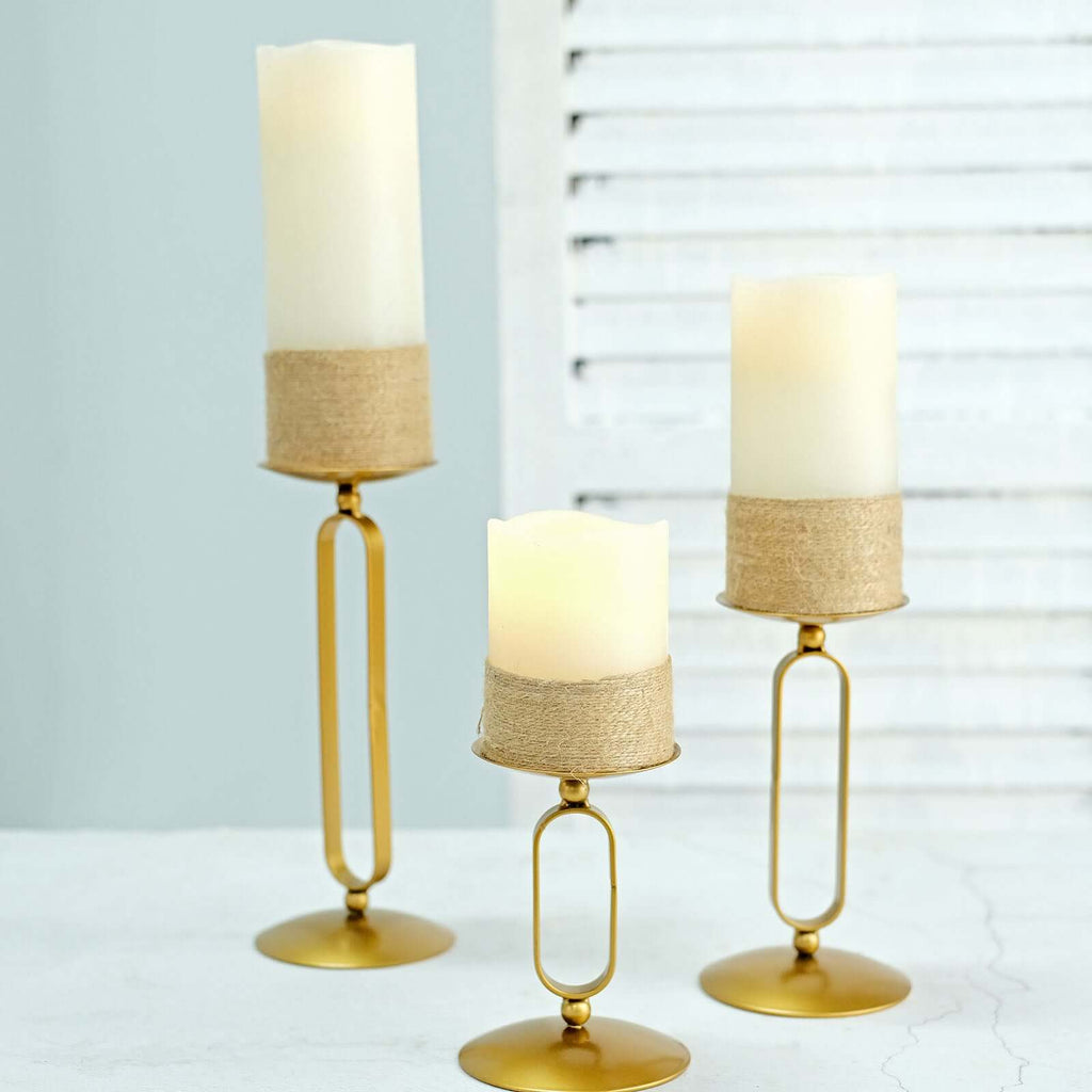 Set of 3 Pillar Candle Holders Gold Metal Geometric Oval Frame Design - Modern Centerpiece Assorted Sizes