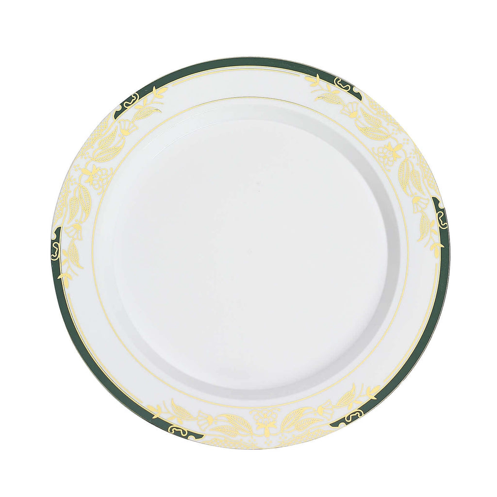 10-Pack Plastic 10" Round Dinner Plates in White with Hunter Emerald Green Rim for Events