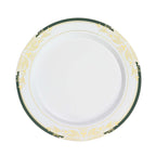 10-Pack Plastic 10" Round Dinner Plates in White with Hunter Emerald Green Rim for Events