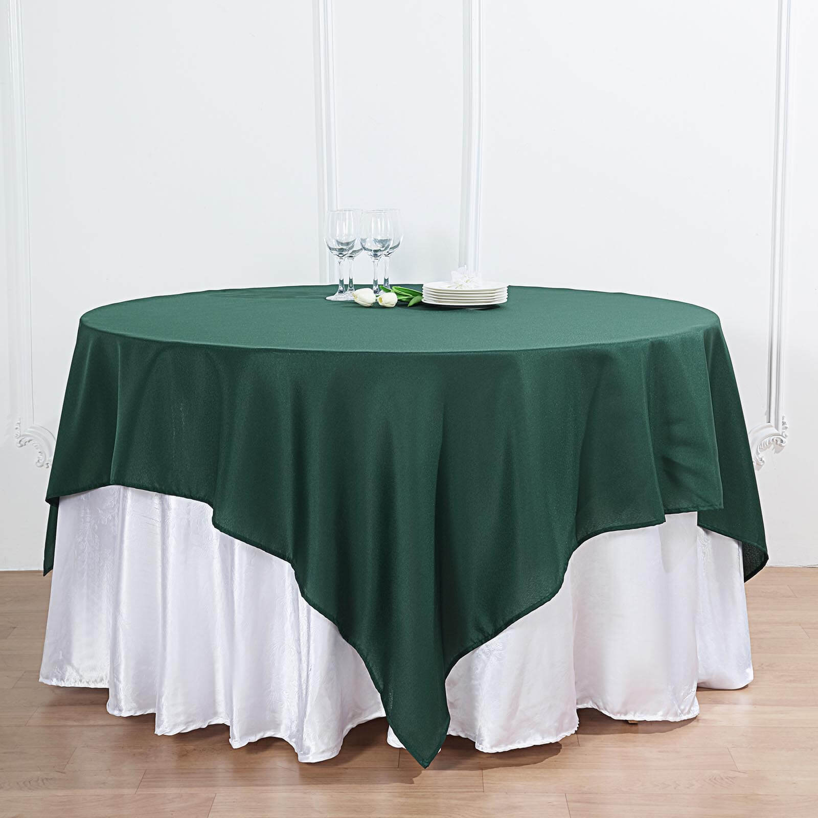 Polyester 90"x90" Table Overlay Square Tablecloth Hunter Emerald Green - Wrinkle-Resistant & Durable Table Cover