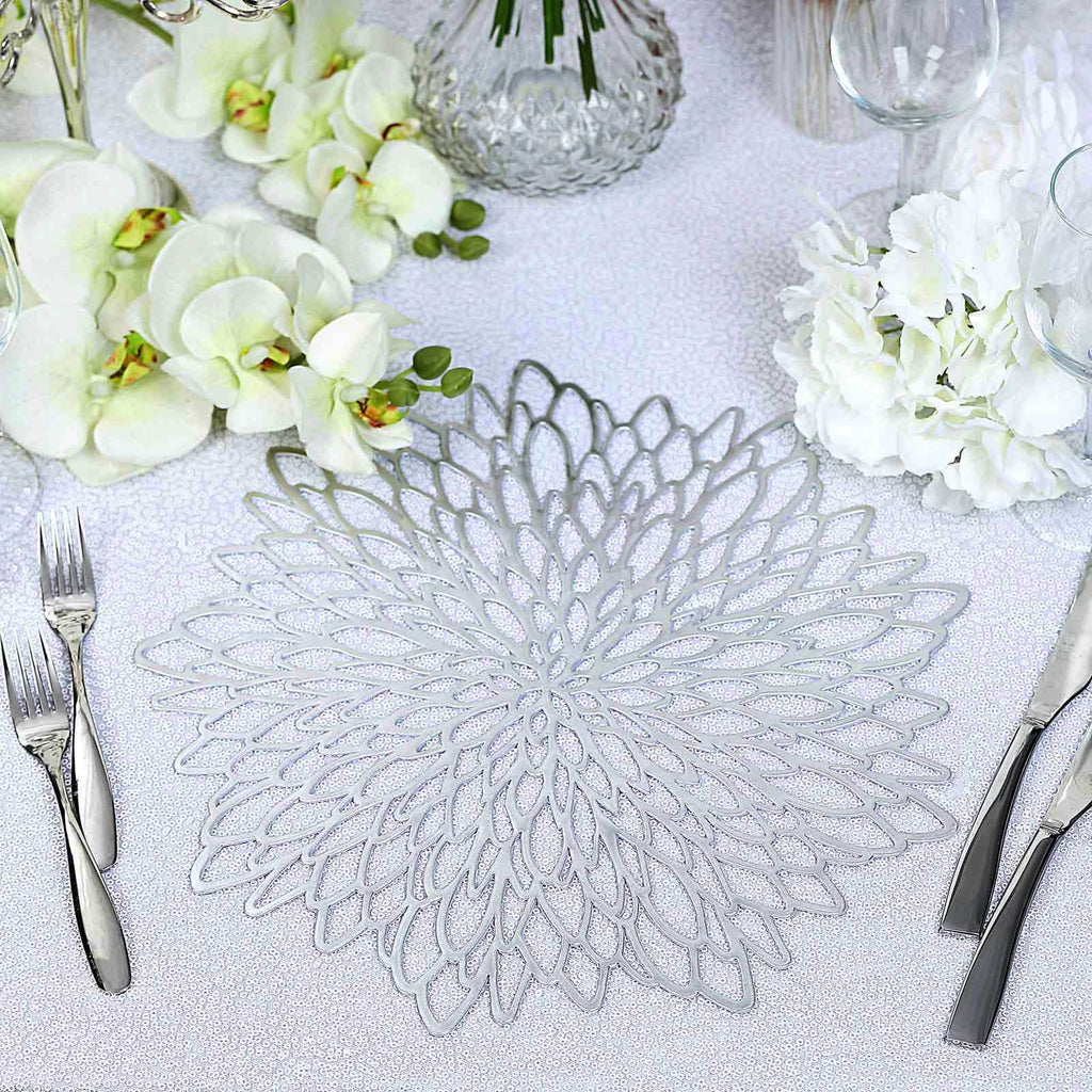 6-Pack Dining Table Mats Floral Design Silver - Metallic Vinyl Round Non-Slip Mats for Tables 15"