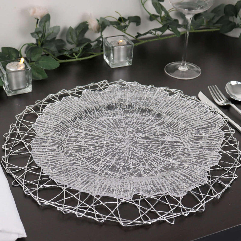 6-Pack Table Placemats Woven Fiber Design Silver Round - Disposable Mats for Dining and Events 15"