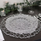 6-Pack Table Placemats Woven Fiber Design Silver Round - Disposable Mats for Dining and Events 15"