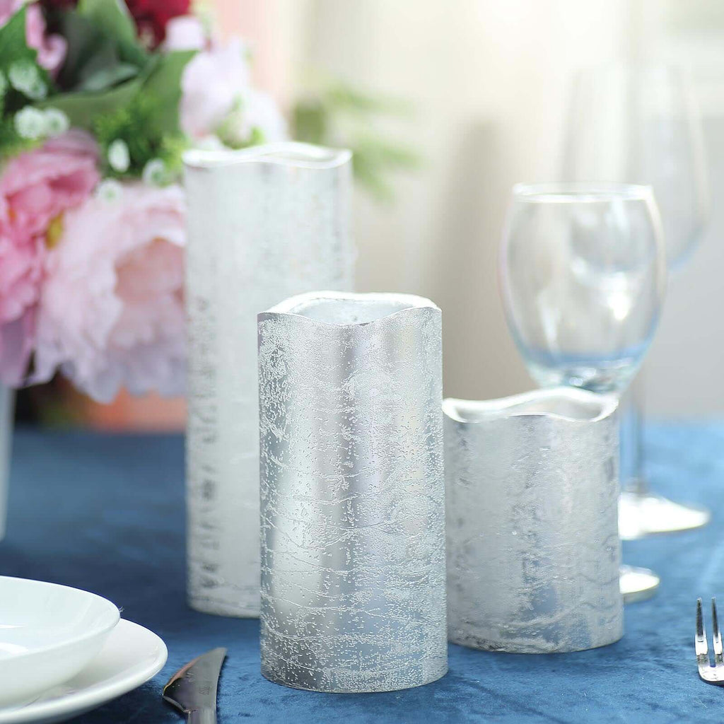 Set of 3 LED Flameless Pillar Candles Remote Operated Metallic Silver - Battery Powered 4", 6", 8"