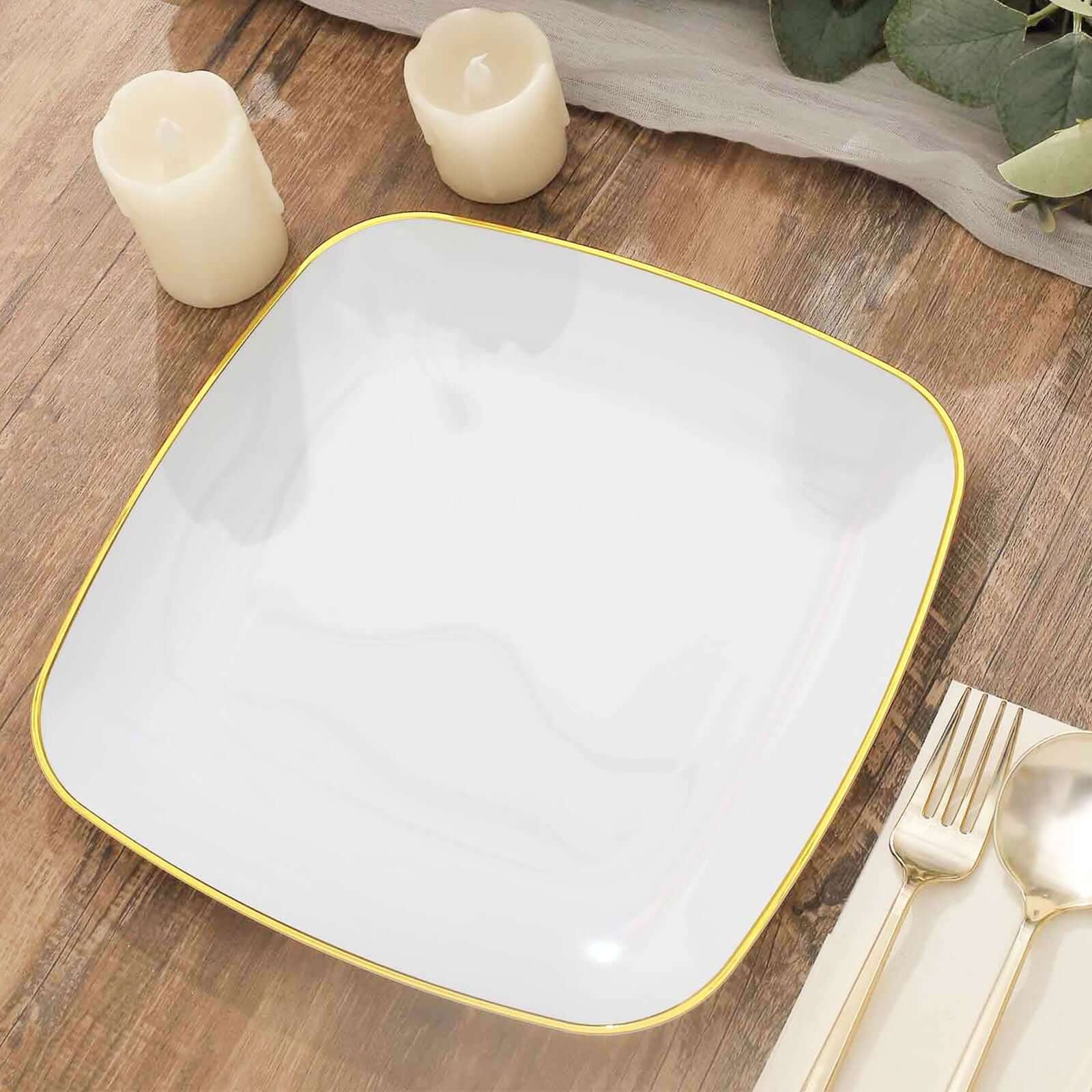 10-Pack Plastic 10" Square Dinner Plates in White with Gold Rim - Classy Disposable Lunch Party Plates for Weddings & Special Events