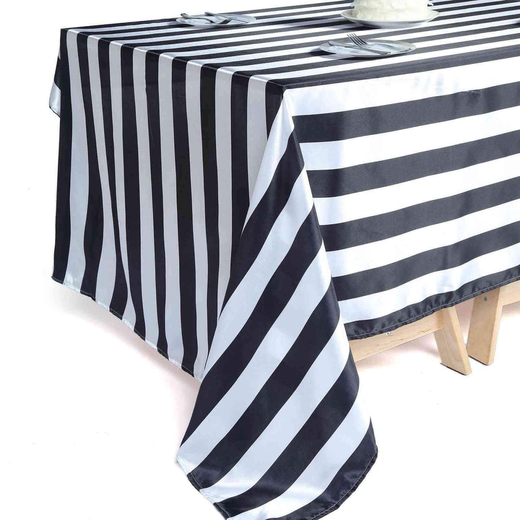 Satin 60"x102" Rectangle Tablecloth Black/White - Stripe Design with Stylish Smooth Finish Table Cover