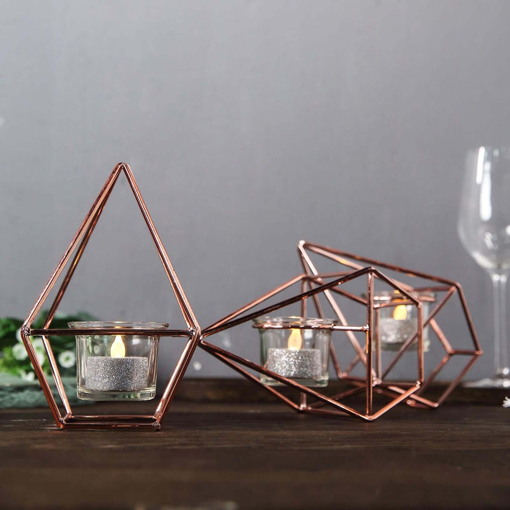 Set of Metal Candle Holders Linked Geometric Design Rose Gold - Modern Votive Glass Decor for Tables & Gatherings 16"
