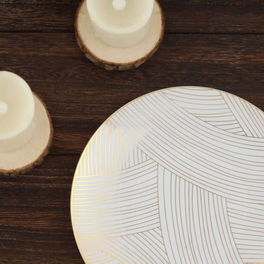 10-Pack Plastic 7" Round Dessert Plates in White with Gold Wave Brush Strokes Pattern - Disposable Appetizer Salad Plates for Modern & Classy Table Decor