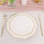 25-Pack Paper 7" Decagon Appetizer Plates in White with Gold Foil Rim - Stylish Geometric Dessert/Salad Plates for Cocktail Parties & Receptions