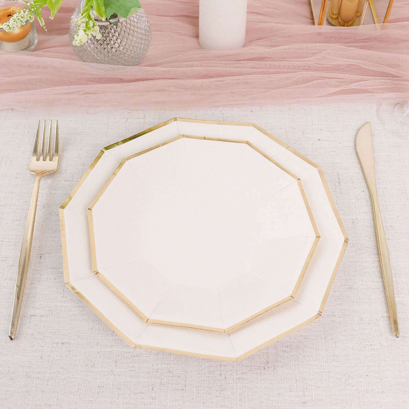 25-Pack Paper 7" Decagon Appetizer Plates in White with Gold Foil Rim - Stylish Geometric Dessert/Salad Plates for Cocktail Parties & Receptions
