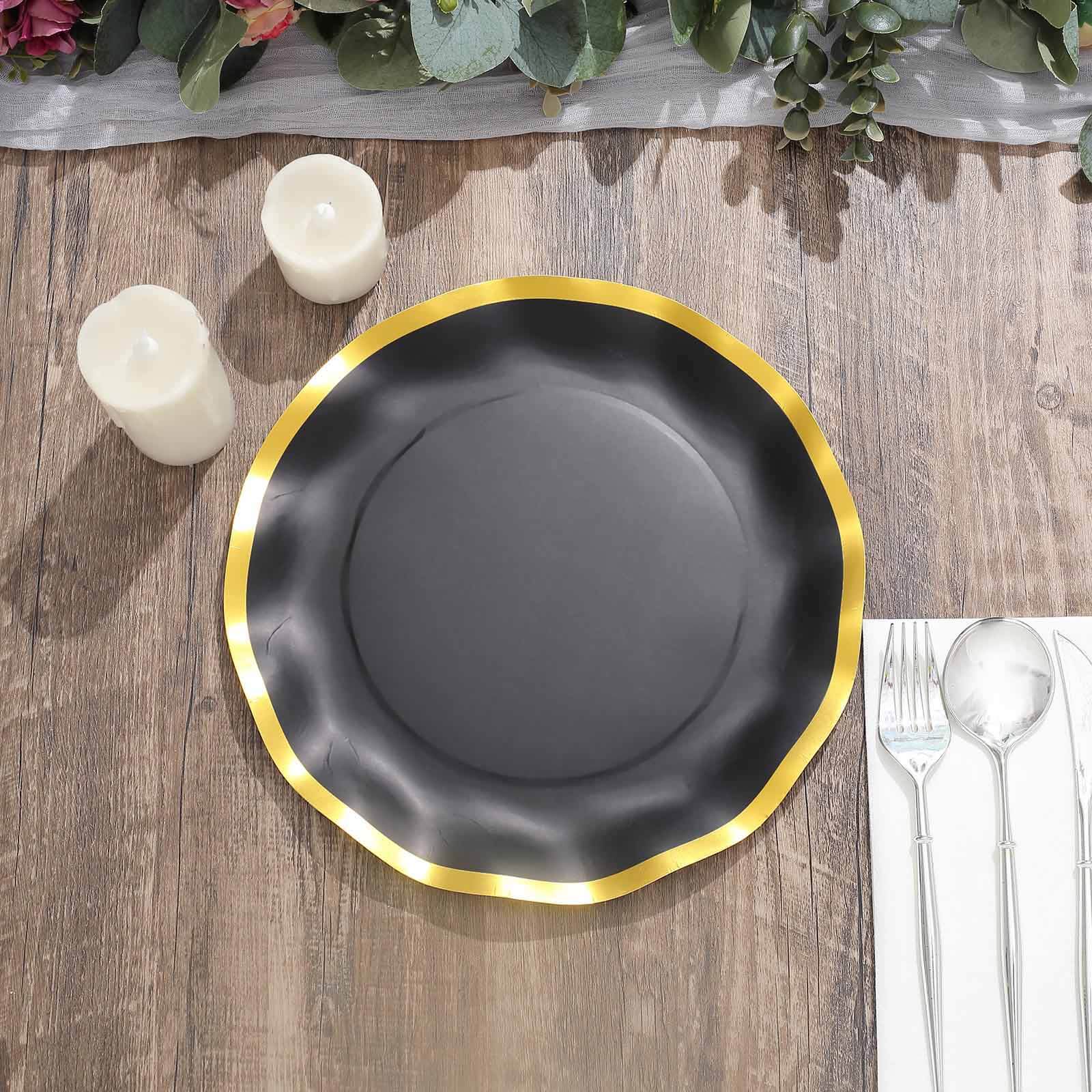 25-Pack Paper Round Dinner Plates 10" Matte Black with Gold Wavy Rim - Disposable 350GSM Party Plates
