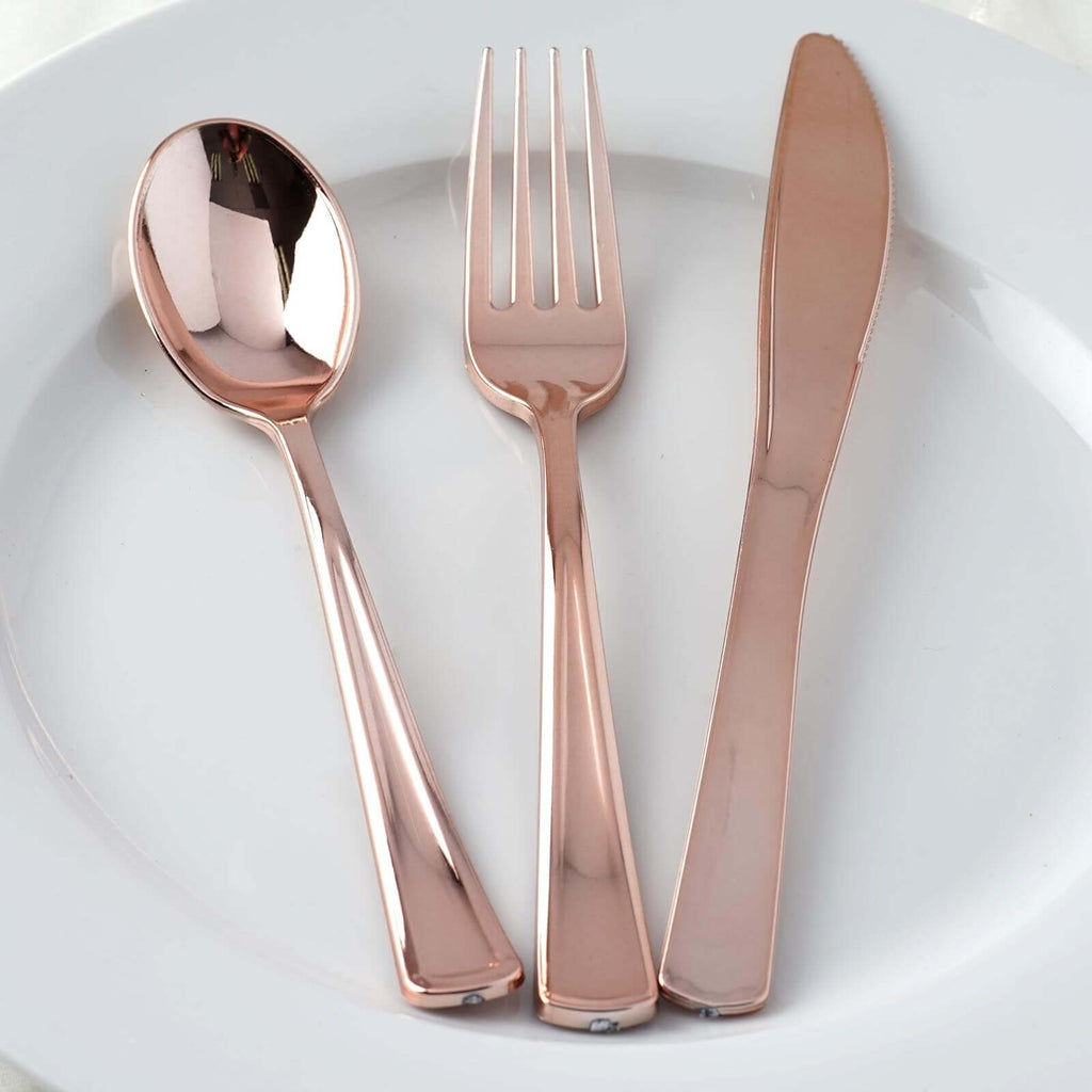 30-Pack Plastic Utensil Set Metallic Rose Gold Classic Heavy Duty - Durable Disposable Silverware Set 7", 8"