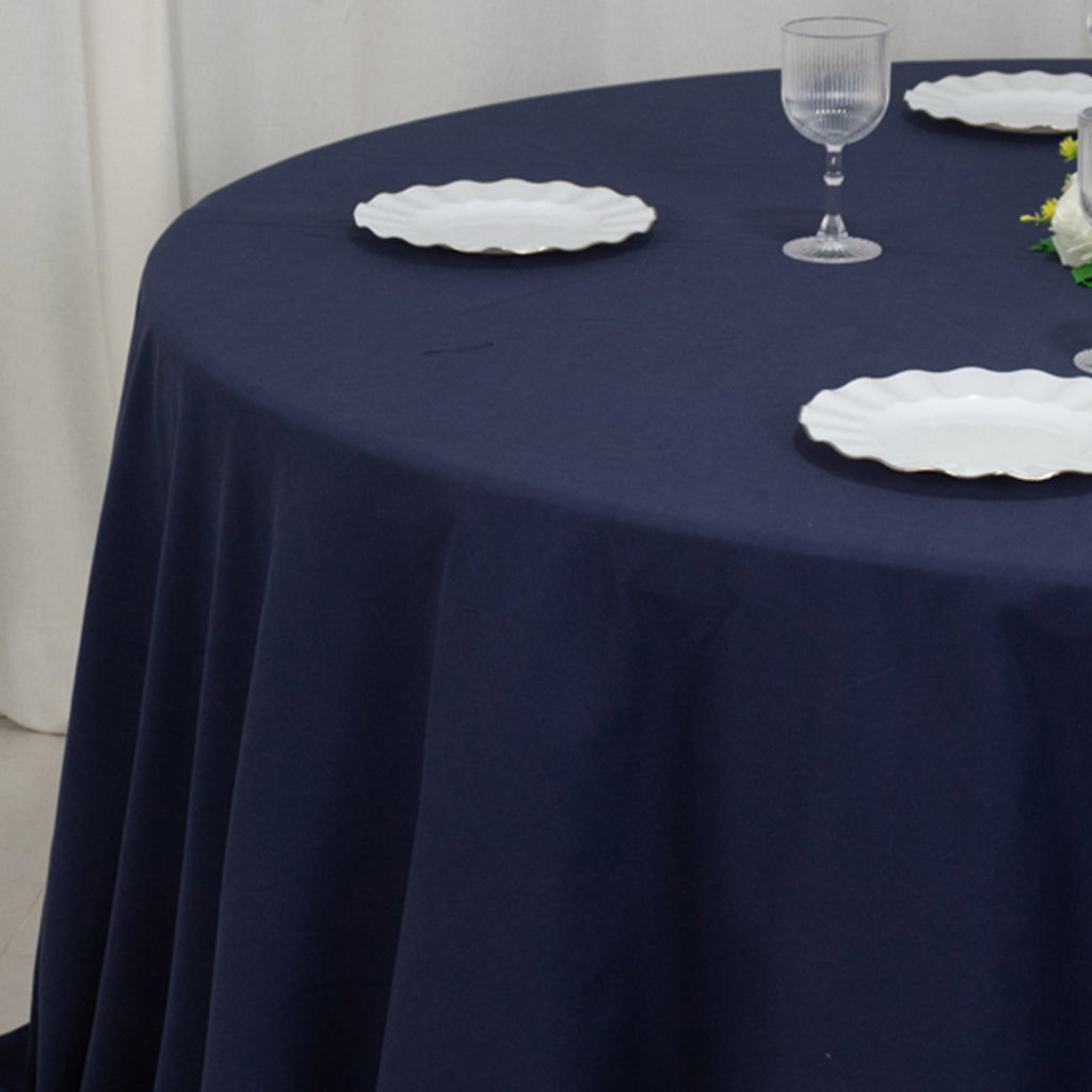 Cotton Blend 132" Round Tablecloth Navy Blue - Seamless Wrinkle - Resistant Table Cover - Bell Racket Store