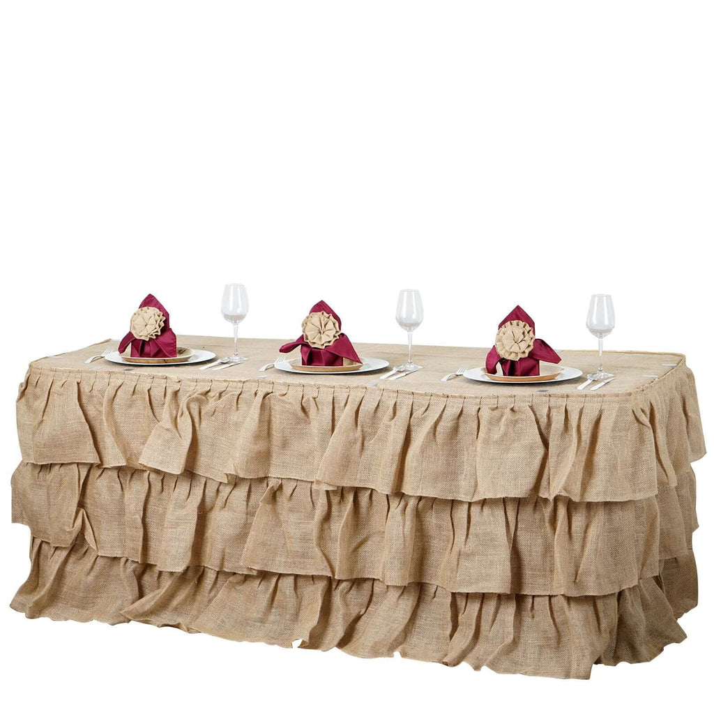 Burlap 14ft Table Skirt Natural 3 Tier Ruffled Design for Rustic Weddings & Country Events