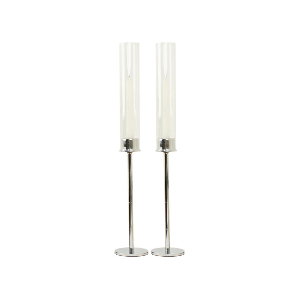 2-Pack Silver Metal Taper Candlestick Holders, Clear Glass Hurricane Candle Stands With Chimney Candle Shades 20"