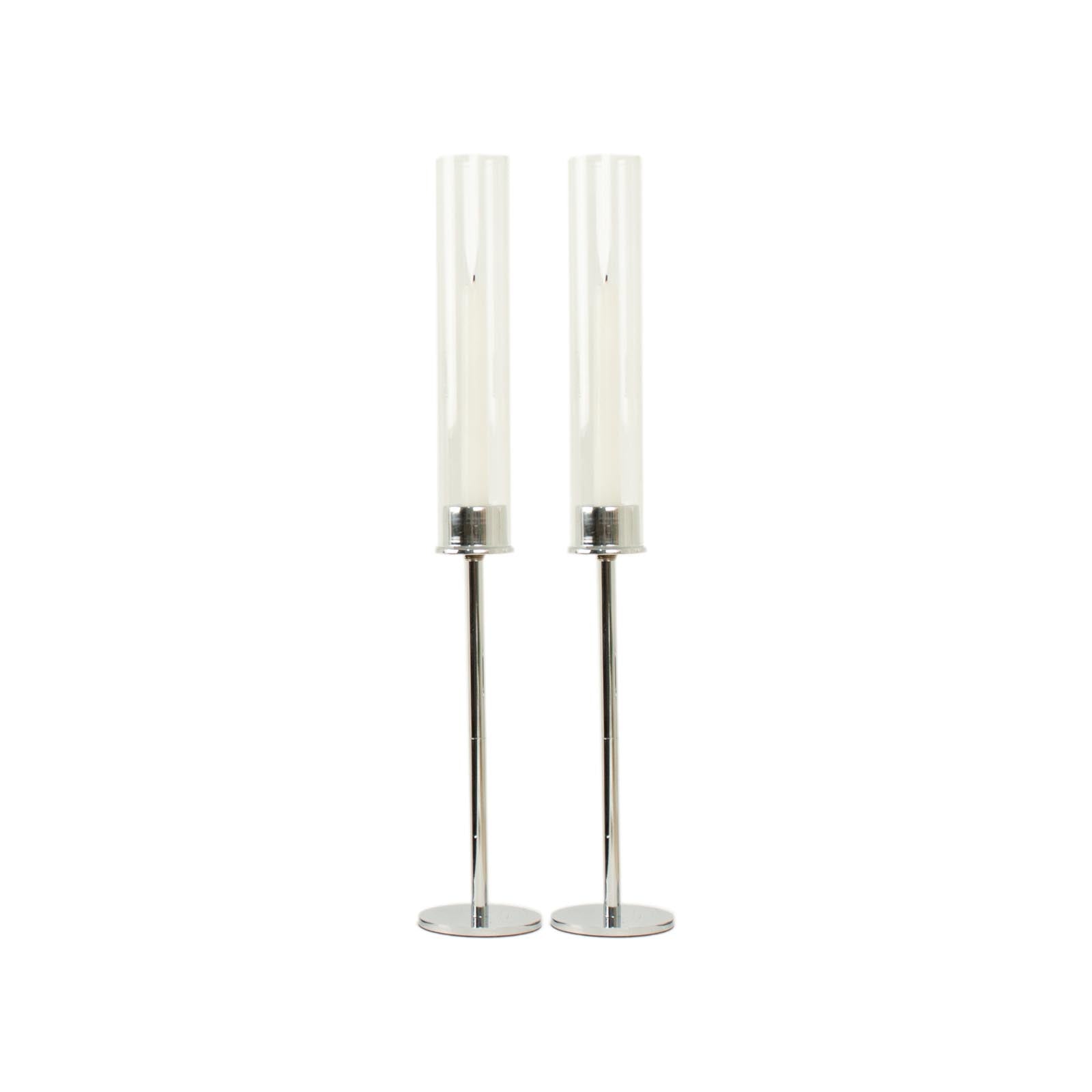 2-Pack Silver Metal Taper Candlestick Holders, Clear Glass Hurricane Candle Stands With Chimney Candle Shades 20"
