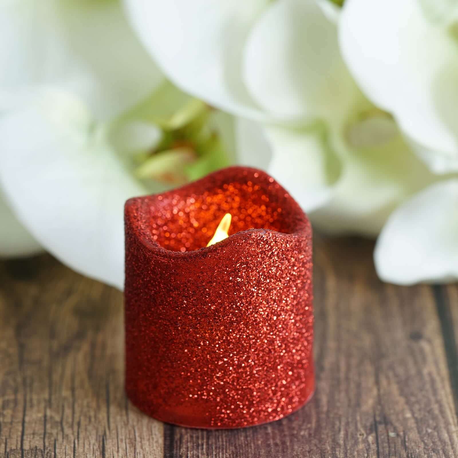 12-Pack LED Votive Candles Glittered Red Design - Reusable Flameless Battery Operated Lights