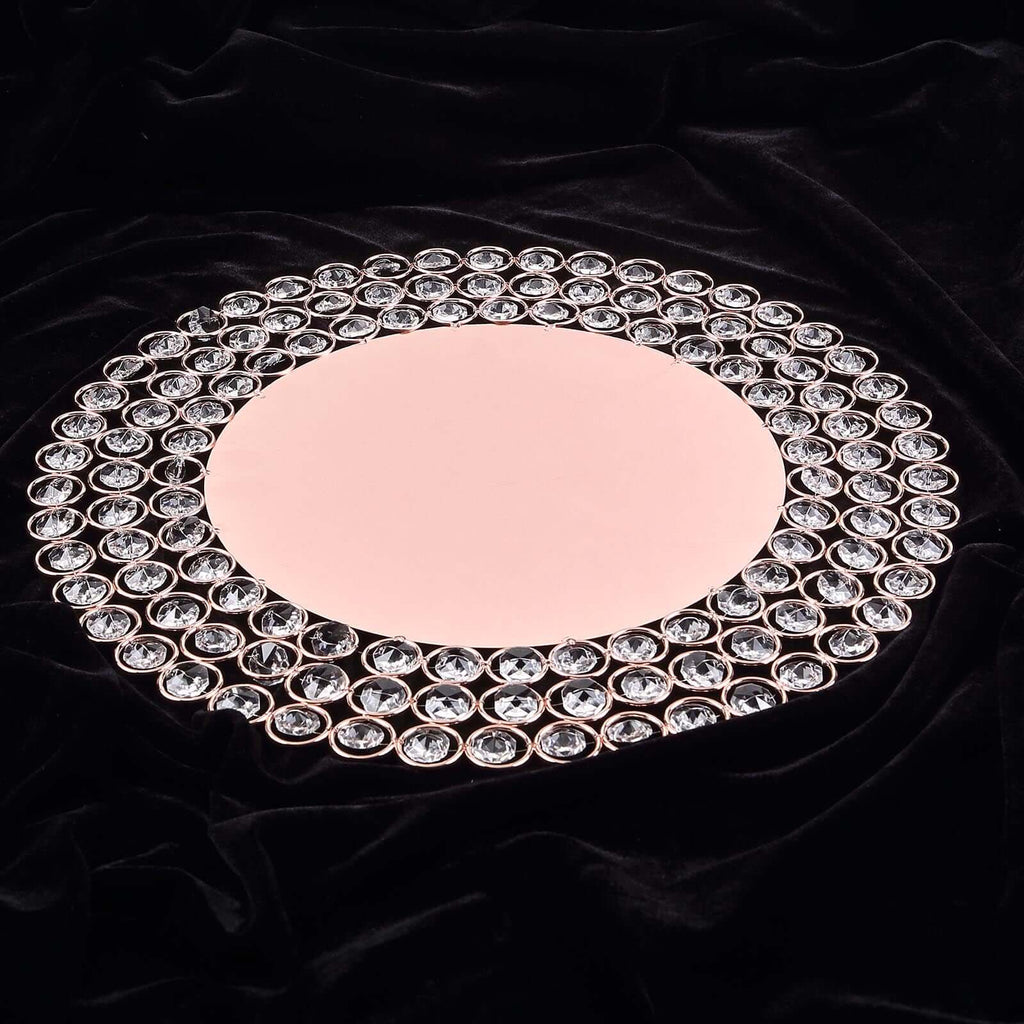 Wired Metal Round Charger Plate 14" in Rose Gold with Acrylic Crystal Beads, Glamorous Decorative Dinner Charger Tableware