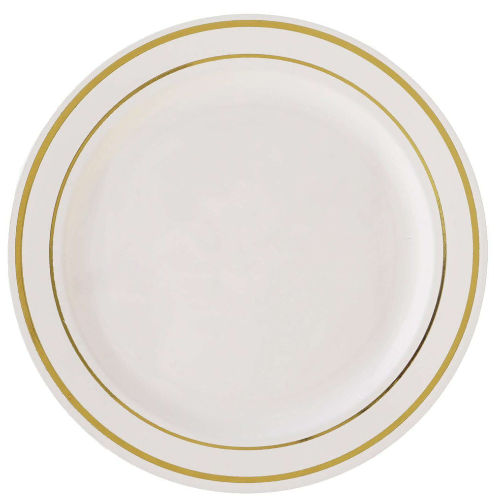 10-Pack Plastic Dessert Plates Ivory with TrÃ¨s Chic Gold Rim - Disposable Appetizer Plates for Parties 6"