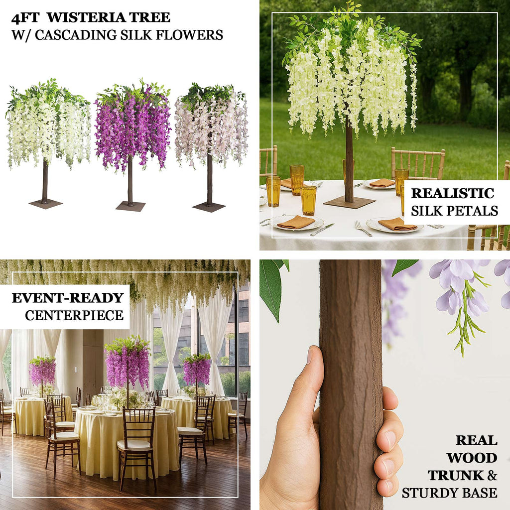 Cream Artificial Wisteria Tree â€“ 4ft Cascading Silk Flowers with Natural Trunk for Weddings, Receptions & Event Centerpieces - Bell Racket Store