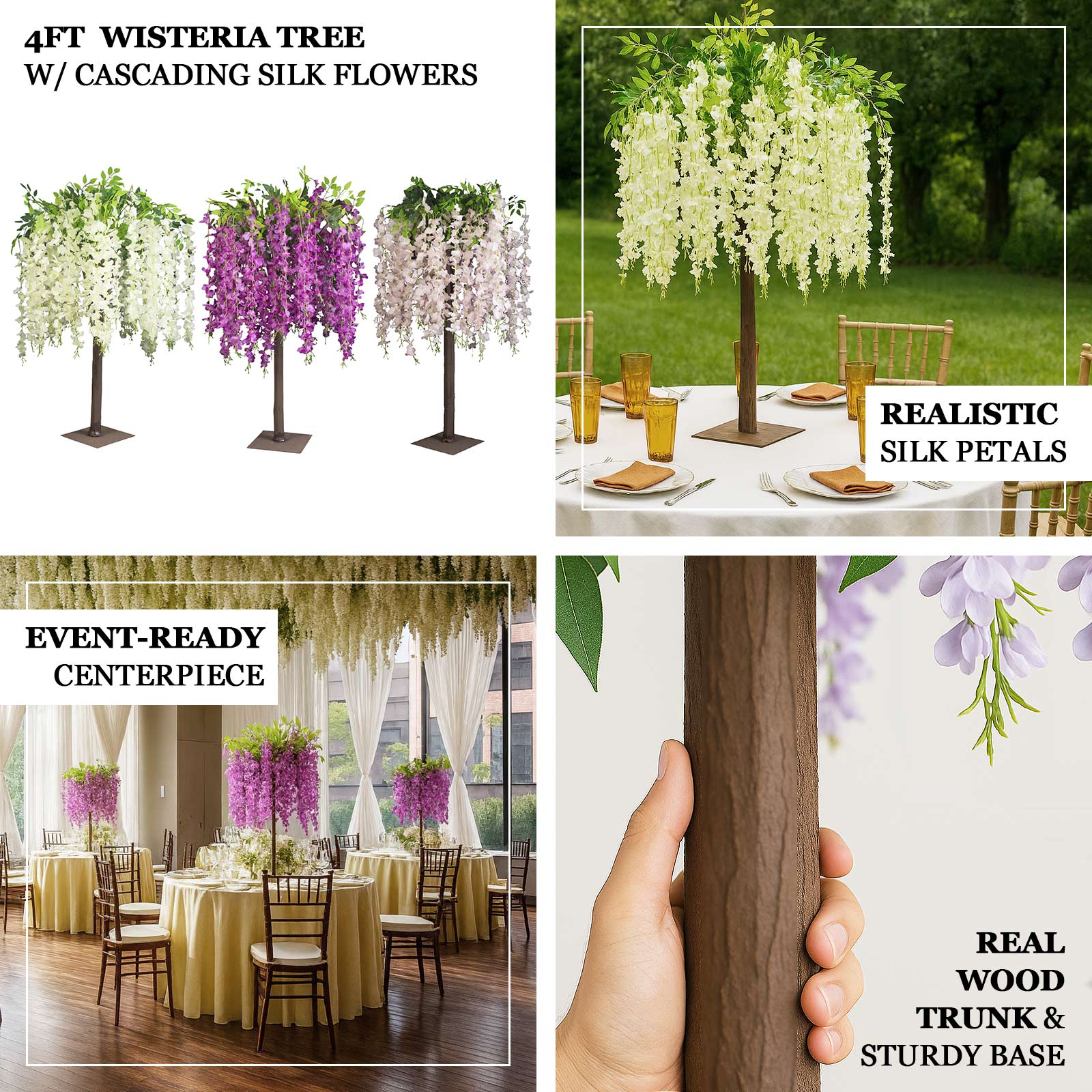 Cream Artificial Wisteria Tree â€“ 4ft Cascading Silk Flowers with Natural Trunk for Weddings, Receptions & Event Centerpieces - Bell Racket Store