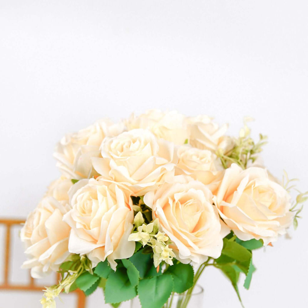 2 Bushes 18" Real Touch Cream Artificial Rose Flower Bouquet, Silk Long Stem Flower Arrangements