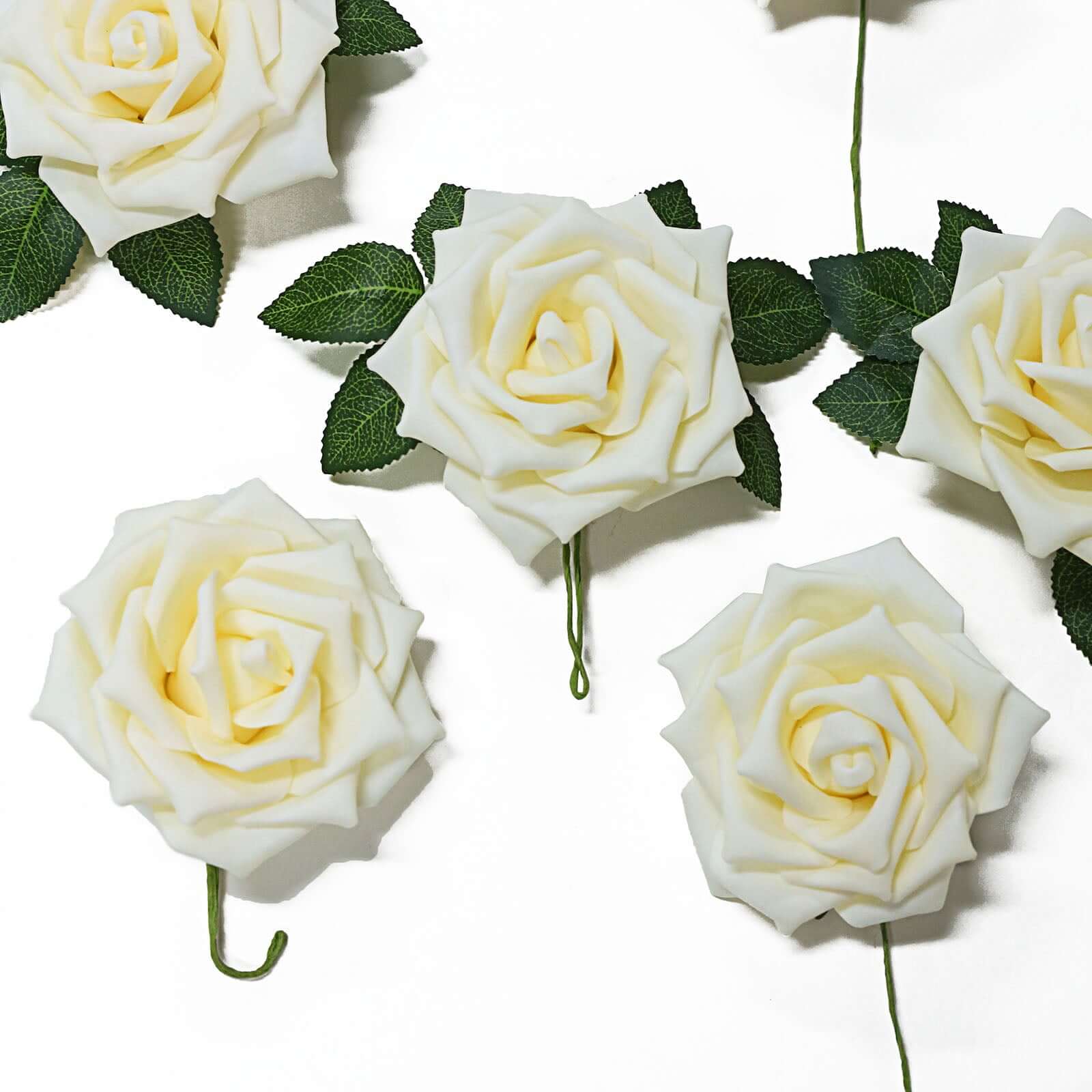 24 Roses 5" Cream Artificial Foam Flowers With Stem Wire and Leaves
