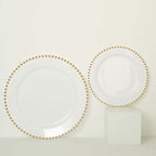 10-Pack White Plastic Dessert Plates â€“ 8" Round with Gold Beaded Rim, Disposable for Parties & Events