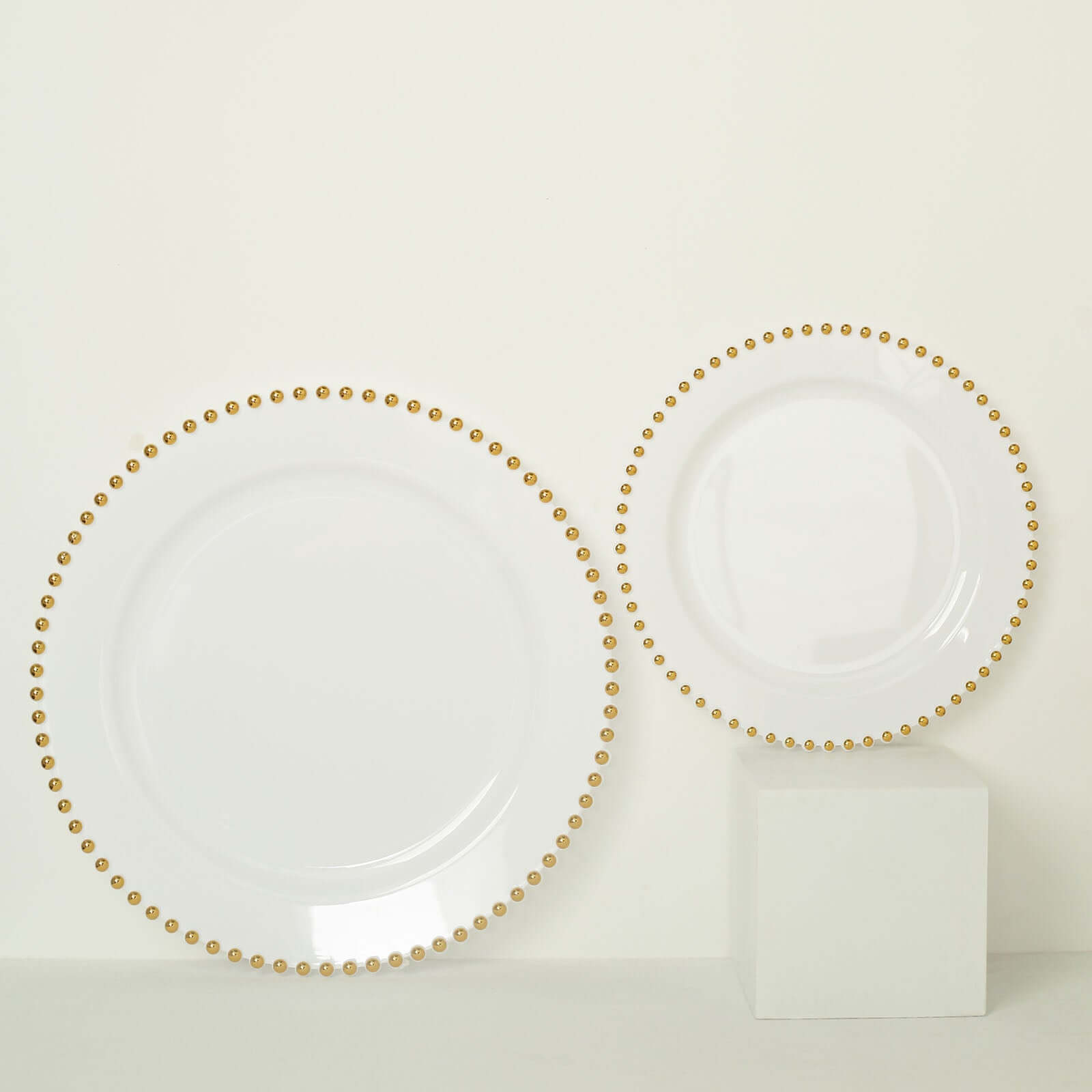 10-Pack White Plastic Dessert Plates â€“ 8" Round with Gold Beaded Rim, Disposable for Parties & Events