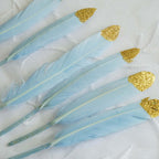30-Pack Turkey Feathers Craft Feathers Glitter Gold Tip Light Blue - Decorative Feathers for DIY Party Projects