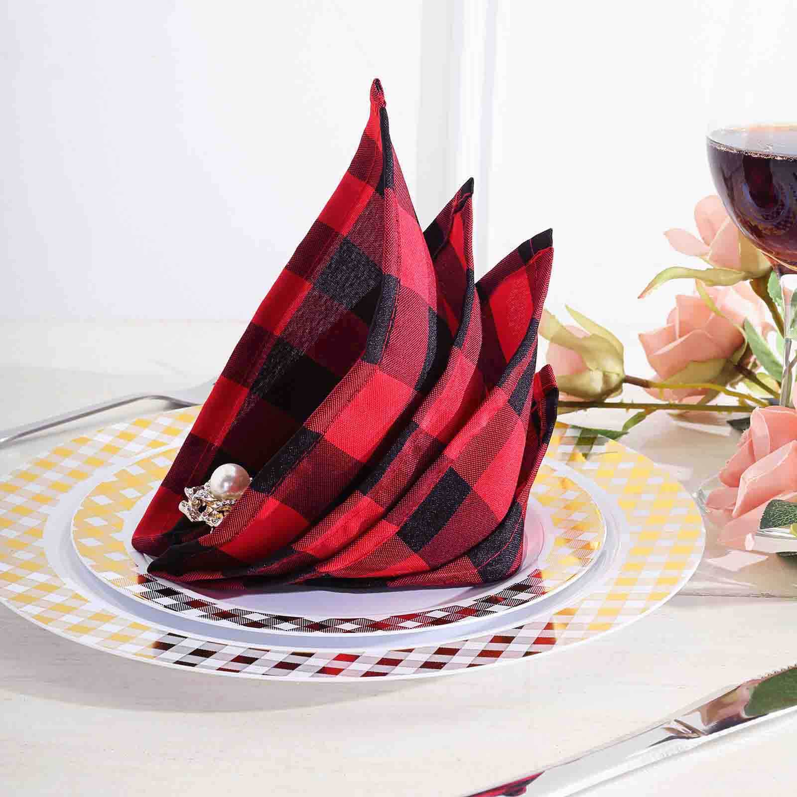 5 Pack Polyester 15"x15" Napkins Black/Red Buffalo Plaid Gingham Style Cloth Napkins