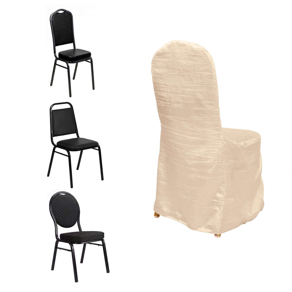 Crinkle Crushed Taffeta Chair Cover for Banquet Chairs Beige - Reusable Slipcover - Bell Racket Store