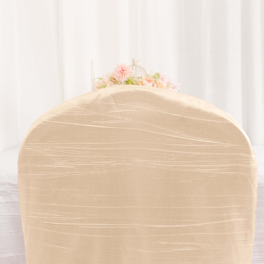 Crinkle Crushed Taffeta Chair Cover for Banquet Chairs Beige - Reusable Slipcover - Bell Racket Store
