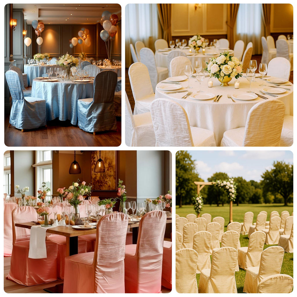 Crinkle Crushed Taffeta Chair Cover for Banquet Chairs Beige - Reusable Slipcover - Bell Racket Store