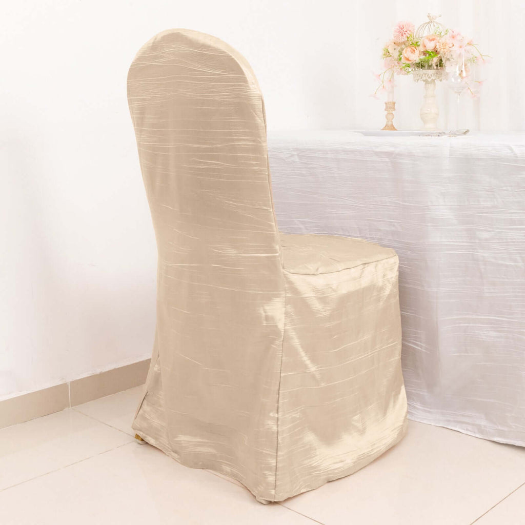 Crinkle Crushed Taffeta Chair Cover for Banquet Chairs Beige - Reusable Slipcover - Bell Racket Store