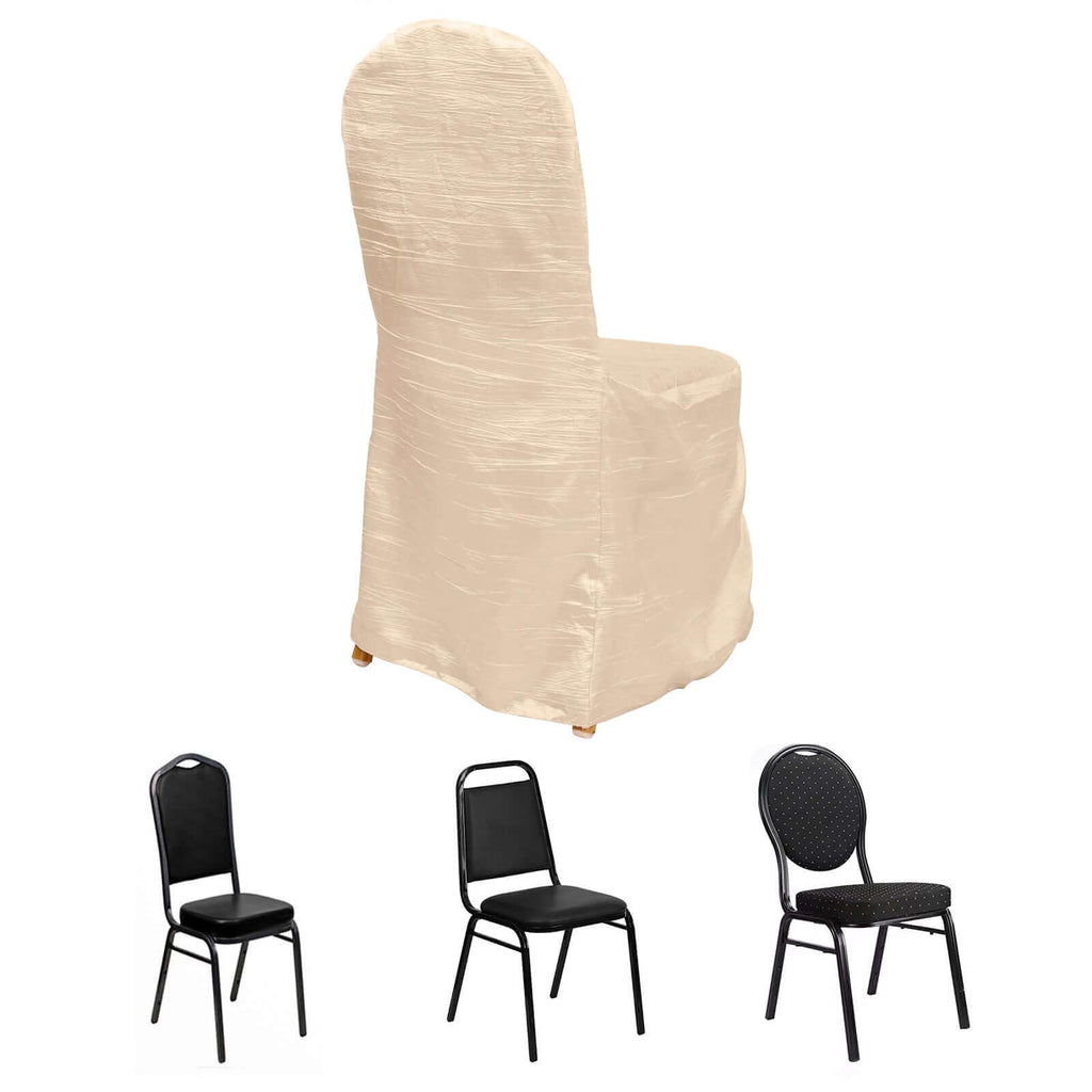 Crinkle Crushed Taffeta Chair Cover for Banquet Chairs Beige - Reusable Slipcover - Bell Racket Store