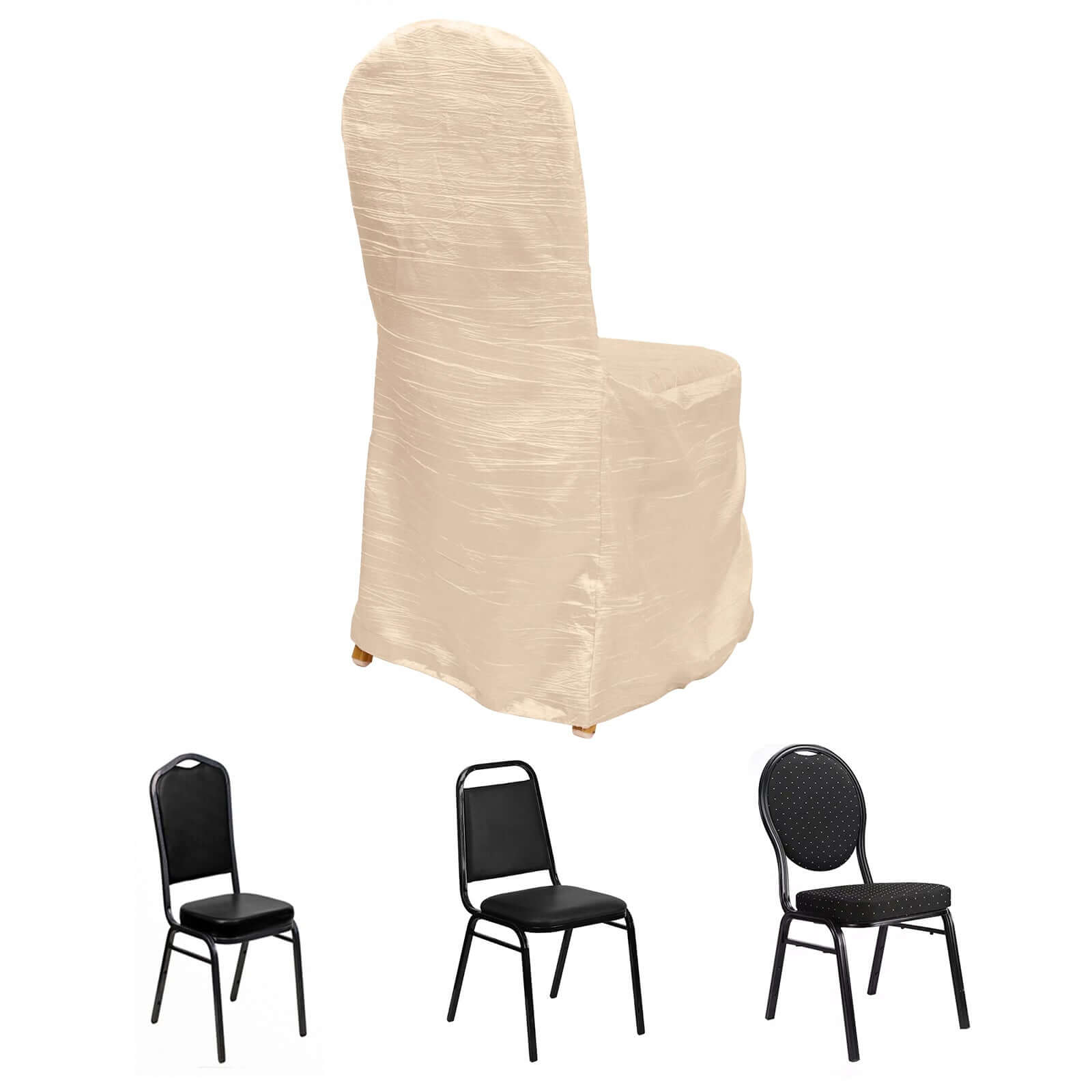 Crinkle Crushed Taffeta Chair Cover for Banquet Chairs Beige - Reusable Slipcover - Bell Racket Store