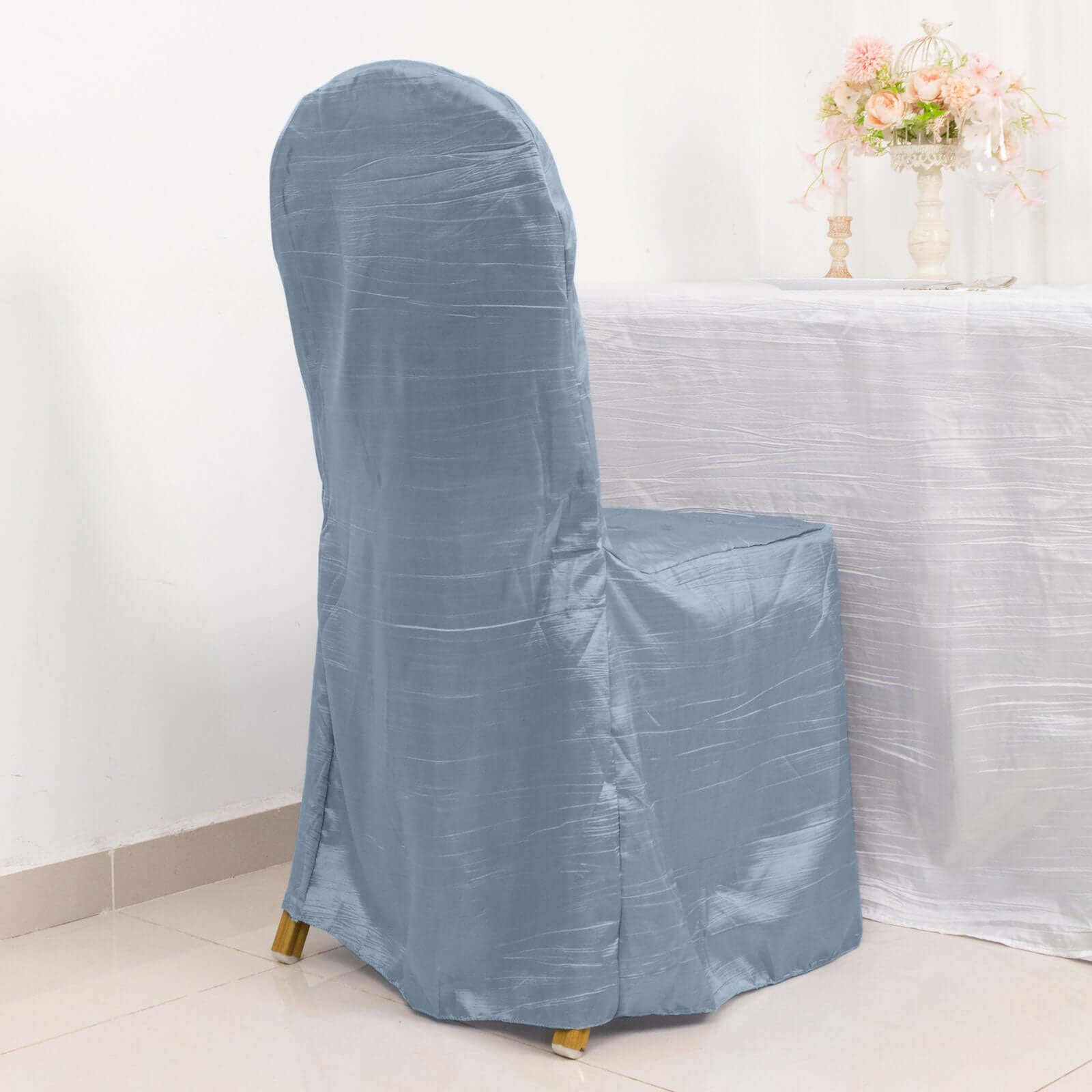 Crinkle Crushed Taffeta Chair Cover for Banquet Chairs Dusty Blue - Reusable Slipcover - Bell Racket Store