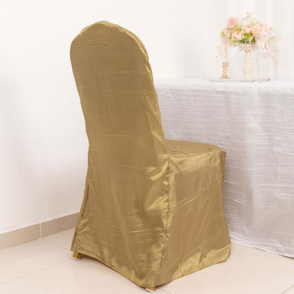 Crinkle Crushed Taffeta Chair Cover for Banquet Chairs Gold - Reusable Slipcover - Bell Racket Store