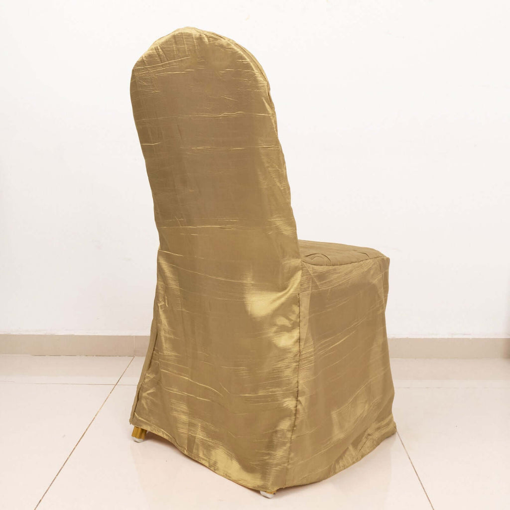 Crinkle Crushed Taffeta Chair Cover for Banquet Chairs Gold - Reusable Slipcover - Bell Racket Store