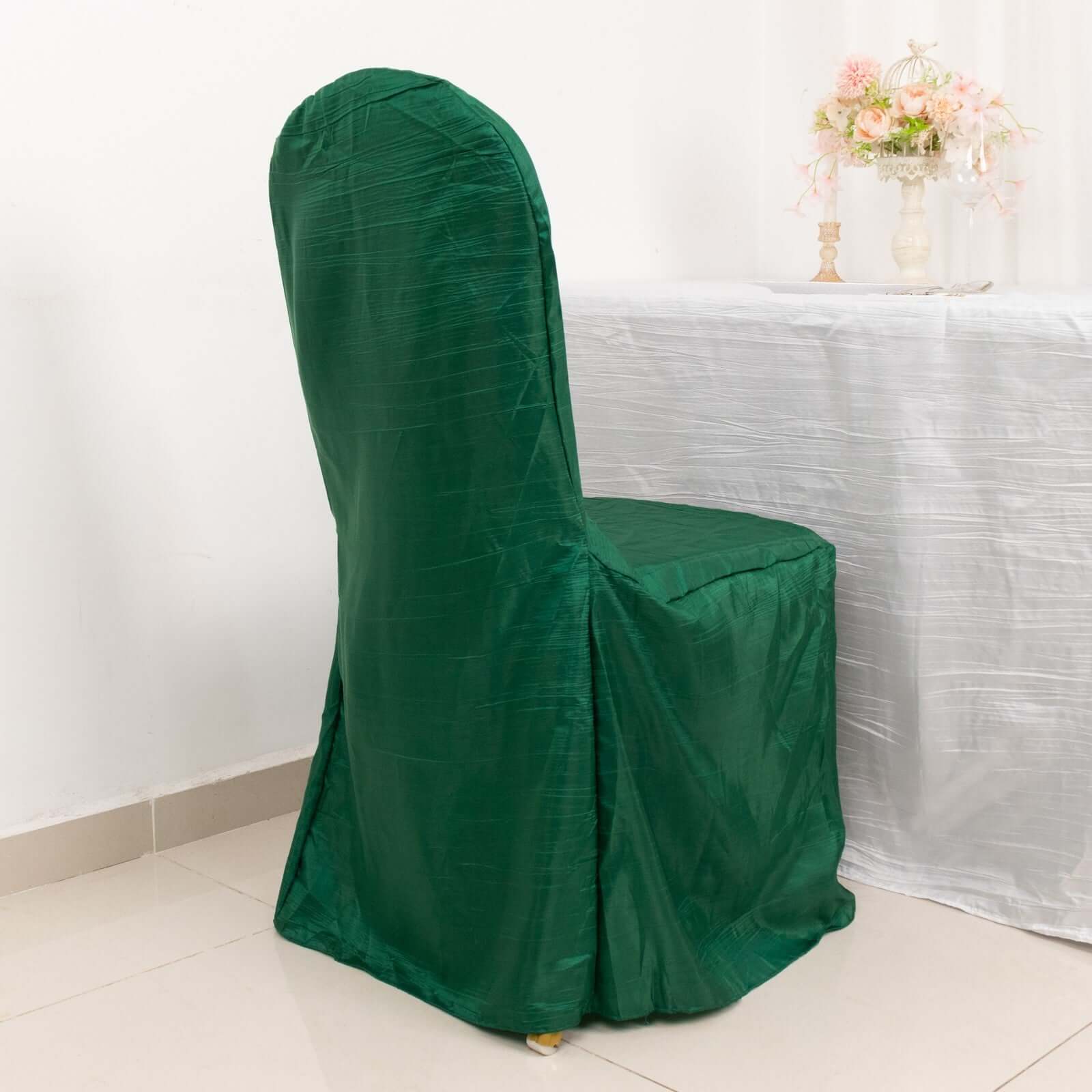 Crinkle Crushed Taffeta Chair Cover for Banquet Chairs Hunter Emerald Green - Reusable Slipcover - Bell Racket Store