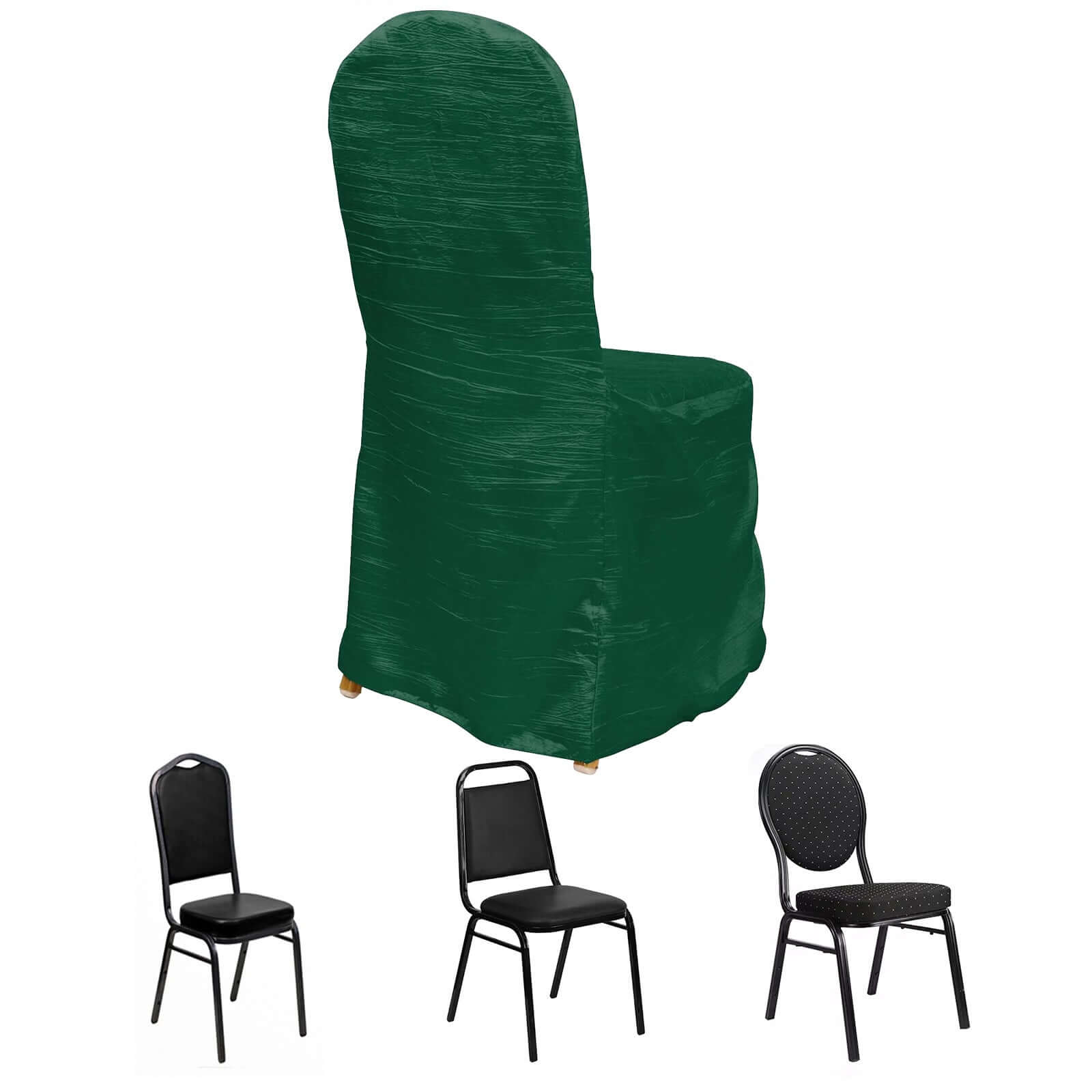 Crinkle Crushed Taffeta Chair Cover for Banquet Chairs Hunter Emerald Green - Reusable Slipcover - Bell Racket Store