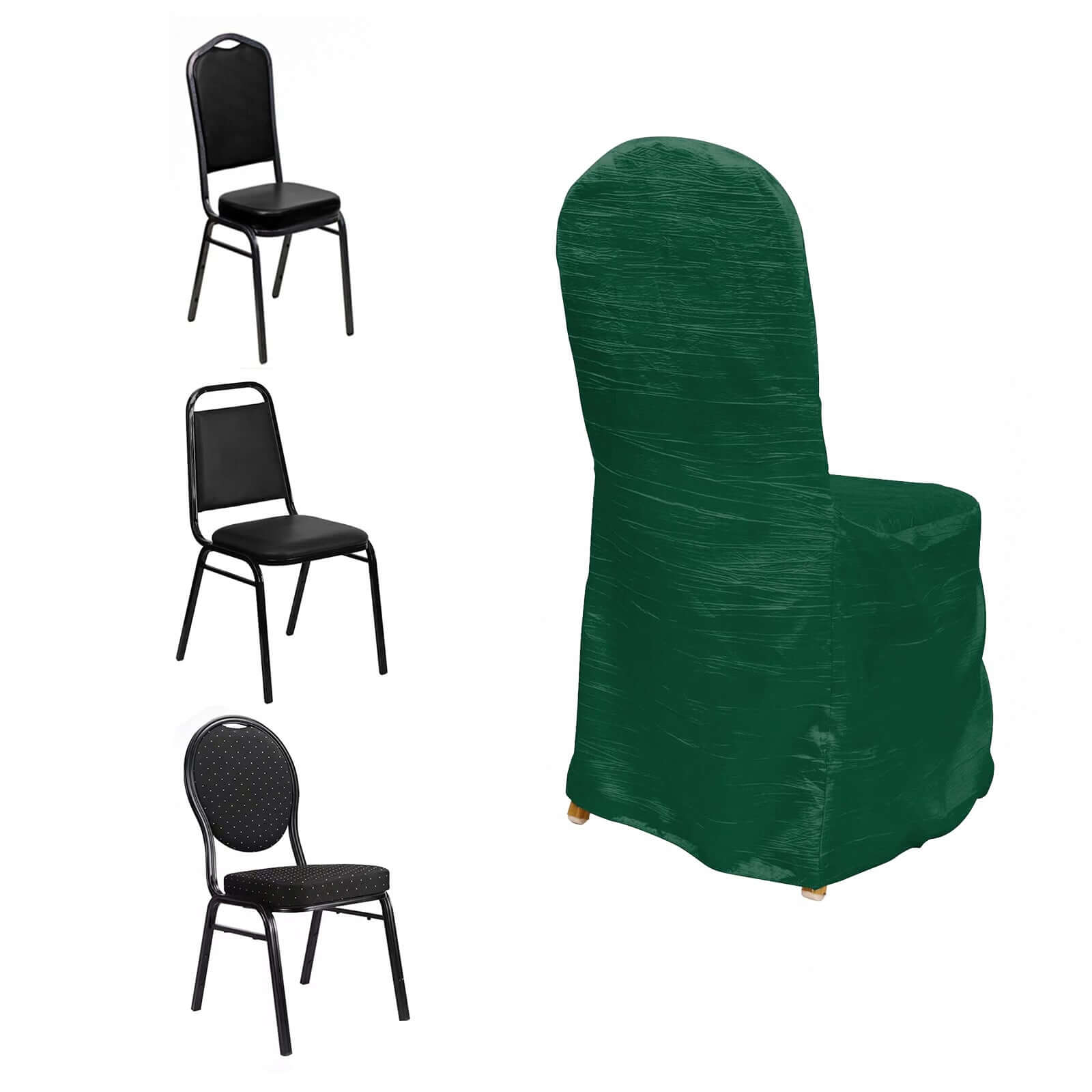 Crinkle Crushed Taffeta Chair Cover for Banquet Chairs Hunter Emerald Green - Reusable Slipcover - Bell Racket Store