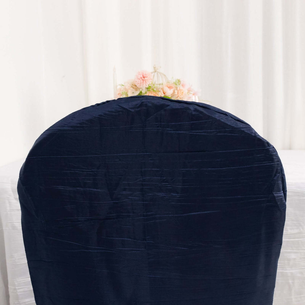 Crinkle Crushed Taffeta Chair Cover for Banquet Chairs Navy Blue - Reusable Slipcover - Bell Racket Store