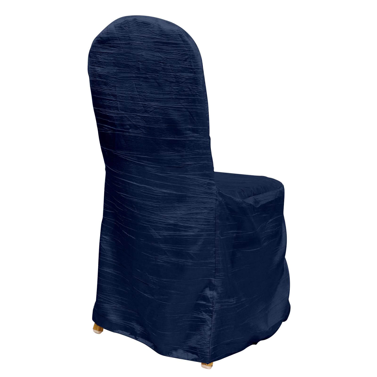 Crinkle Crushed Taffeta Chair Cover for Banquet Chairs Navy Blue - Reusable Slipcover - Bell Racket Store