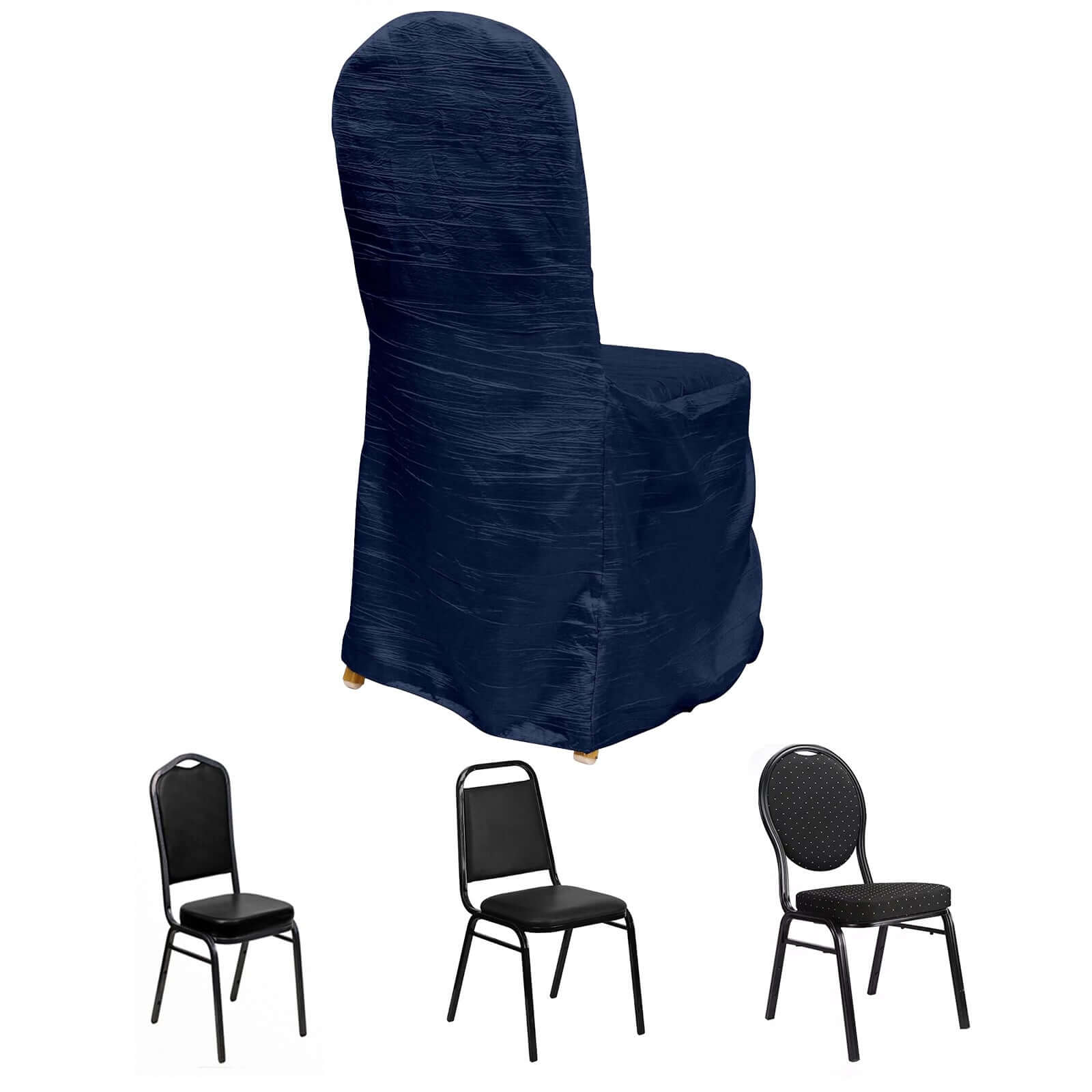 Crinkle Crushed Taffeta Chair Cover for Banquet Chairs Navy Blue - Reusable Slipcover - Bell Racket Store